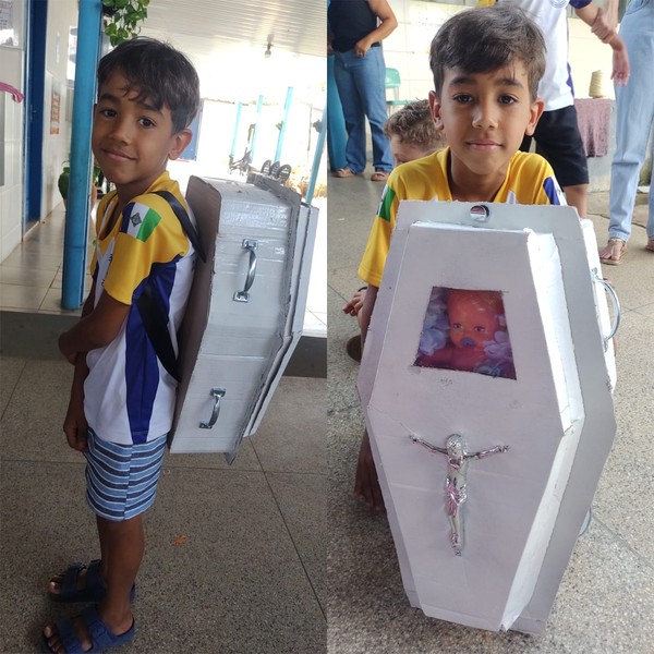 Menino leva 'mochila maluca' em formato de caixão para escola como homenagem ao pai em Rondônia