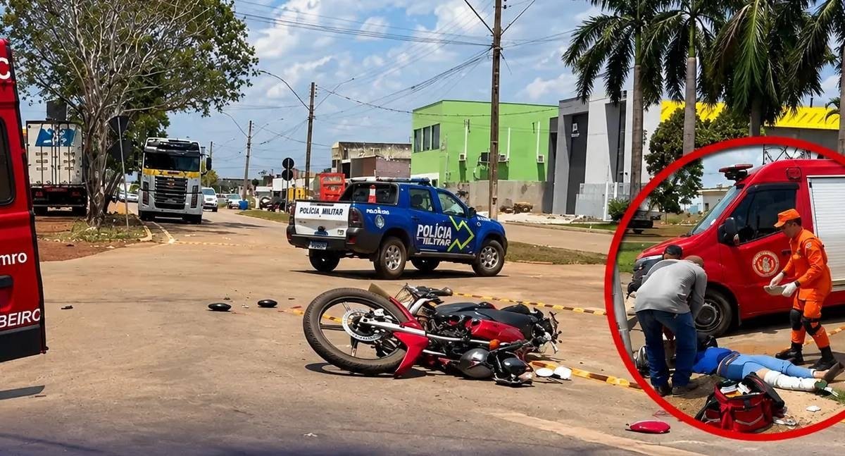 Motociclista sofre fratura exposta depois de colisão com carro em rotatória no centro de Rolim de Moura